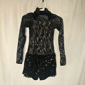 Weissman Sparkly Black Multicolored Long Sleeve Fringe Dance Costume Sz MA